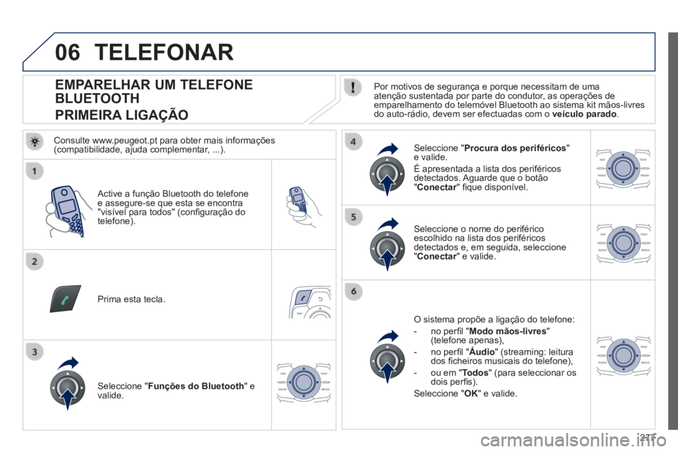 Peugeot 508 2014  Manual do proprietário (in Portuguese) 277
06
508_pt_Chap11c_RT6_ed01-2014
                EMPARELHAR UM TELEFONE 
BLUETOOTH  
PRIMEIRA LIGAÇÃO   Por motivos de segurança e porque necessitam de uma atenção sustentada por parte do cond