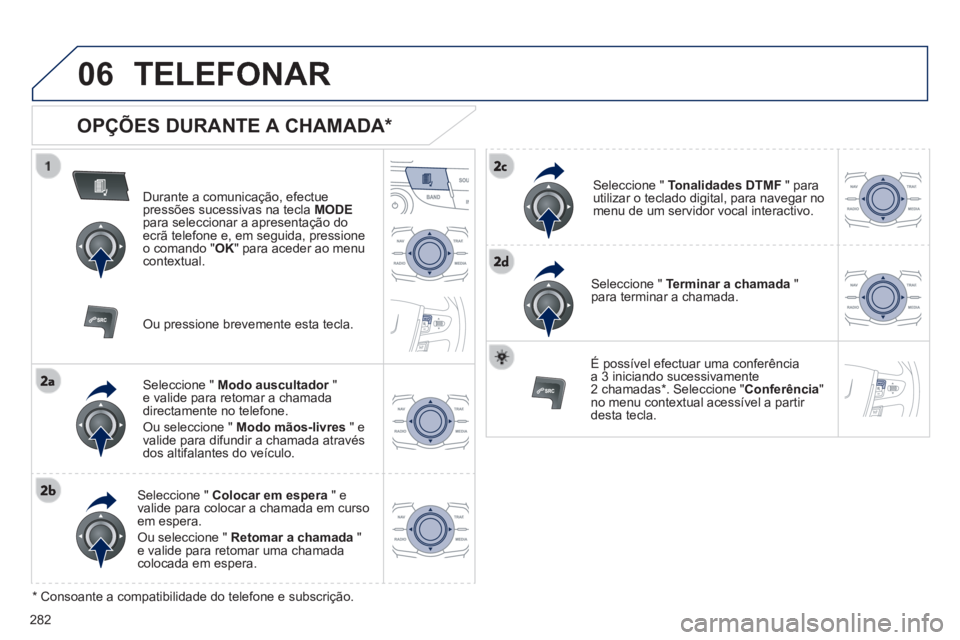Peugeot 508 2014  Manual do proprietário (in Portuguese) 282
06
508_pt_Chap11c_RT6_ed01-2014
 TELEFONAR 
  OPÇÕES  DURANTE  A  CHAMADA *  
  Durante a comunicação, efectue pressões sucessivas na tecla  MODEpara seleccionar a apresentação do ecrã tel