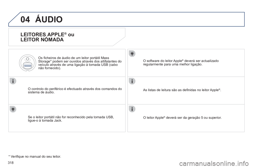 Peugeot 508 2014  Manual do proprietário (in Portuguese) 318
04
508_pt_Chap11d_RD5_ed01-2014
 ÁUDIO 
  LEITORES  APPLE ®   ou 
LEITOR NÓMADA 
  O controlo do periférico é efectuado através dos comandos do sistema de áudio.  
  Os ﬁ cheiros de áudi