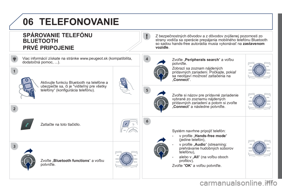 Peugeot 508 2014  Užívateľská príručka (in Slovak) 277
06
508_sk_Chap11c_RT6_ed01-2014
                SPÁROVANIE TELEFÓNU 
BLUETOOTH  
PRVÉ PRIPOJENIE   Z bezpečnostných dôvodov a z dôvodov zvýšenej pozornosti zo strany vodiča sa operácie 