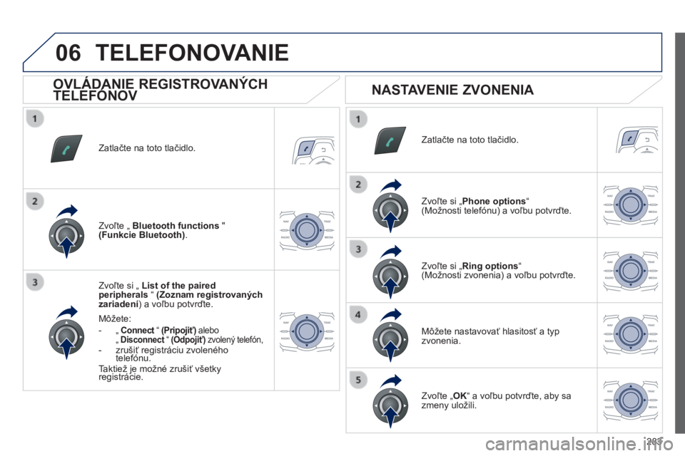 Peugeot 508 2014  Užívateľská príručka (in Slovak) 283
06
508_sk_Chap11c_RT6_ed01-2014
  Zatlačte na toto tlačidlo.  
  Zvoľte si „  List of the paired peripherals  “  (Zoznam registrovaných zariadení ) a voľbu potvrďte.  
  Môžete: 
   -
