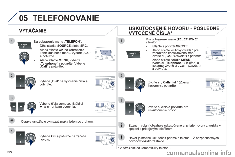 Peugeot 508 2014 Užívateľská príručka (in Slovak) 324
05
508_sk_Chap11d_RD5_ed01-2014
TELEFONOVANIE
Na zobrazenie menu „ TELEFÓN “:
- Dlho stlačte SOURCE alebo SRC .
- Alebo stlačte OK na zobrazenie kontextuálneho me Peugeot 508 2014 Užívateľská príručka (in Slovak) 324
05
508_sk_Chap11d_RD5_ed01-2014
TELEFONOVANIE
Na zobrazenie menu „ TELEFÓN “:
- Dlho stlačte SOURCE alebo SRC .
- Alebo stlačte OK na zobrazenie kontextuálneho me
