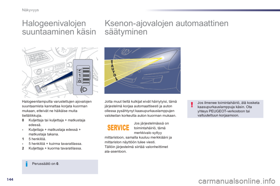 Peugeot 508 2014  Omistajan käsikirja (in Finnish) 144
Näkyvyys
       Halogeenivalojen 
suuntaaminen käsin          Ksenon-ajovalojen automaattinen 
säätyminen 
  Halogeenilampuilla  varustettujen  ajovalojen suuntaamista kannattaa korjata kuorma