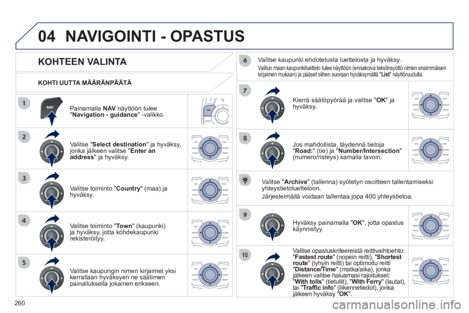 Peugeot 508 2014  Omistajan käsikirja (in Finnish) 260
04
508_ﬁ _Chap11c_RT6_ed01-2014
  Painamalla   N AV  näyttöön tulee " Navigation - guidance "  -valikko.  
  KOHTI  UUTTA  MÄÄRÄNPÄÄTÄ  
 NAVIGOINTI - OPASTUS 
             KOHTEEN VALI