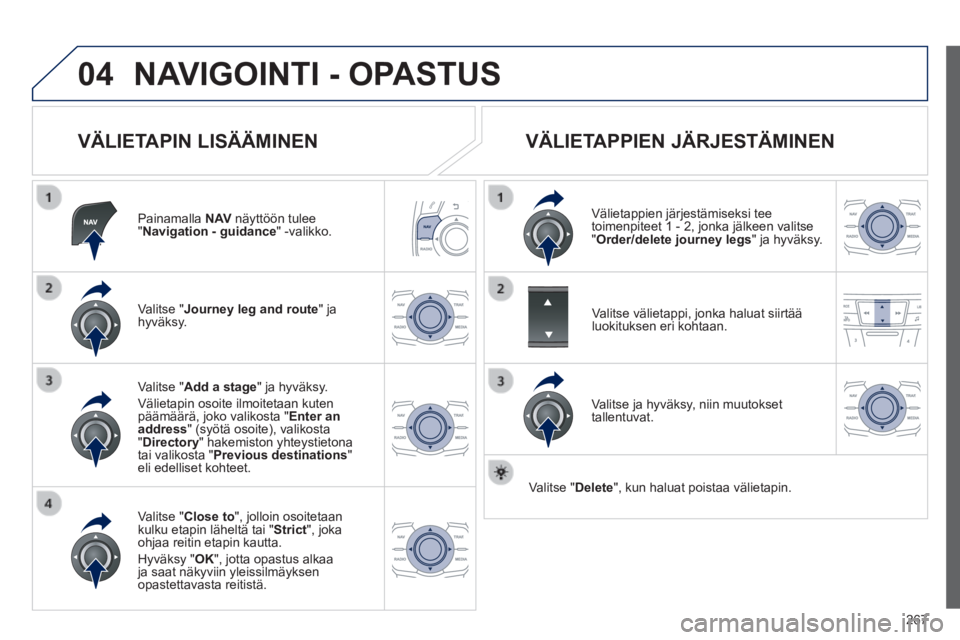Peugeot 508 2014  Omistajan käsikirja (in Finnish) 267
04
508_ﬁ _Chap11c_RT6_ed01-2014
 NAVIGOINTI - OPASTUS 
  VÄLIETAPIN  LISÄÄMINEN 
  Painamalla   N AV  näyttöön tulee " Navigation - guidance "  -valikko.  
  Valitse  " Journey leg and rou
