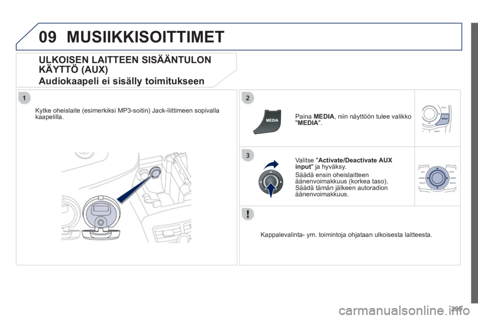 Peugeot 508 2014  Omistajan käsikirja (in Finnish) 295
09
508_ﬁ _Chap11c_RT6_ed01-2014
 MUSIIKKISOITTIMET 
  ULKOISEN  LAITTEEN  SISÄÄNTULON 
KÄYTTÖ  (AUX)  
Audiokaapeli ei sisälly toimitukseen 
  Kytke oheislaite (esimerkiksi MP3-soitin) Jack