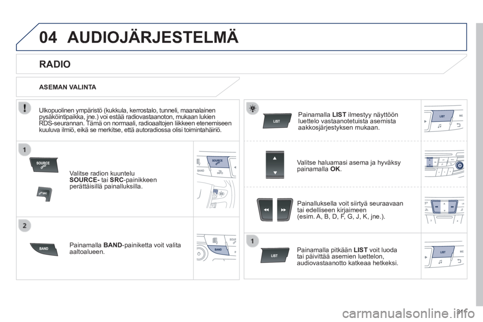 Peugeot 508 2014  Omistajan käsikirja (in Finnish) 3 11
04
508_ﬁ _Chap11d_RD5_ed01-2014
 AUDIOJÄRJESTELMÄ 
  Valitse radion kuuntelu  SOURCE-  tai  SRC -painikkeen perättäisillä  painalluksilla.  
  Painamalla   BAND -painiketta voit valita aal