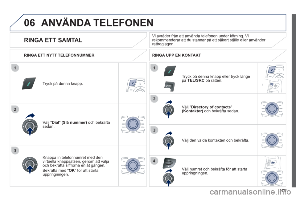 Peugeot 508 2014  Ägarmanual (in Swedish) 279
06
508_sv_Chap11c_RT6_ed01-2014
 ANVÄNDA  TELEFONEN 
  Tryck  på  denna  knapp.  
  Välj  " Dial "   (Slå nummer)  och bekräfta sedan.  
  Välj  " Directory of contacts " (Kontakter)  och be