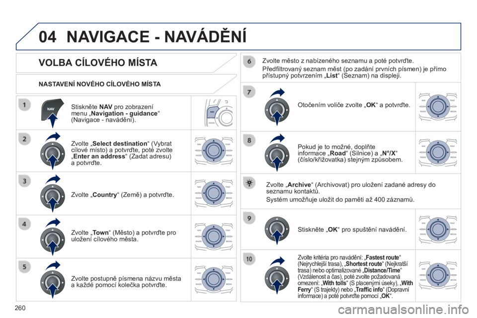 Peugeot 508 2014  Návod k obsluze (in Czech) 260
04
508_cs_Chap11c_RT6_ed01-2014
  Stiskněte  N AV  pro zobrazení menu „ Navigation - guidance “  (Navigace - navádění).  
  NASTAVENÍ NOVÉHO CÍLOVÉHO MÍSTA  
 NAVIGACE - NAVÁDĚNÍ 