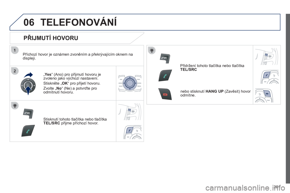 Peugeot 508 2014  Návod k obsluze (in Czech) 281
06
508_cs_Chap11c_RT6_ed01-2014
 TELEFONOVÁNÍ 
  PŘIJMUTÍ HOVORU 
  Příchozí hovor je oznámen zvoněním a překrývajícím oknem na displeji.  
  „  Ye s  „  Ye s  „   “ (Ano) pr