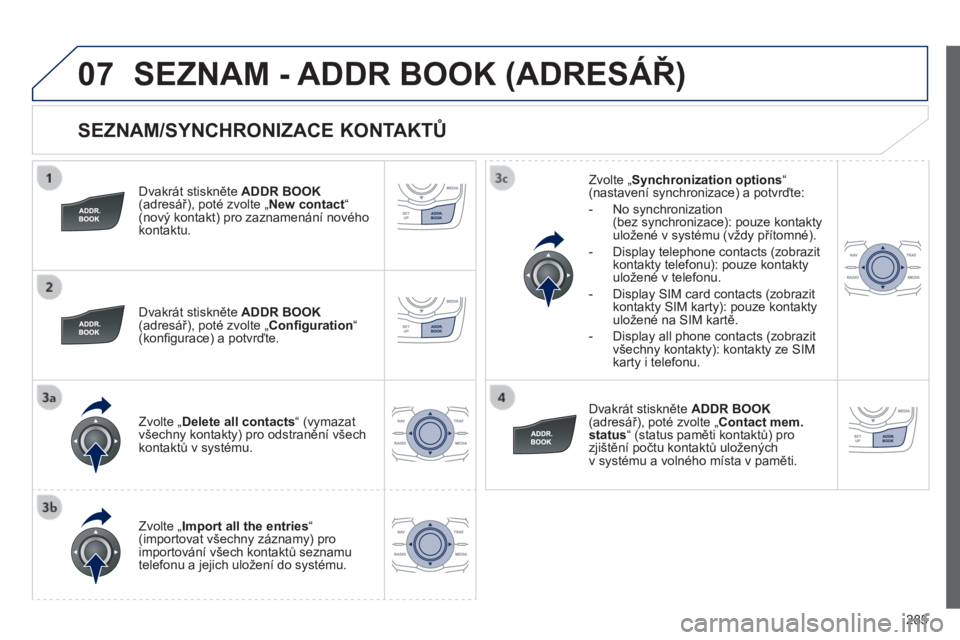 Peugeot 508 2014  Návod k obsluze (in Czech) 285
07
508_cs_Chap11c_RT6_ed01-2014
  SEZNAM/SYNCHRONIZACE KONTAKTŮ 
  Dvakrát stiskněte  ADDR BOOK(adresář), poté zvolte „ New contact “  (nový kontakt) pro zaznamenání nového kontaktu.
