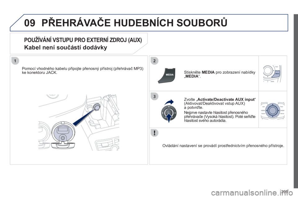 Peugeot 508 2014  Návod k obsluze (in Czech) 295
09
508_cs_Chap11c_RT6_ed01-2014
 PŘEHRÁVAČE HUDEBNÍCH SOUBORŮ 
  POUŽÍVÁNÍ VSTUPU PRO EXTERNÍ ZDROJ (AUX)  
Kabel není součástí dodávky 
  Pomocí vhodného kabelu připojte přenos