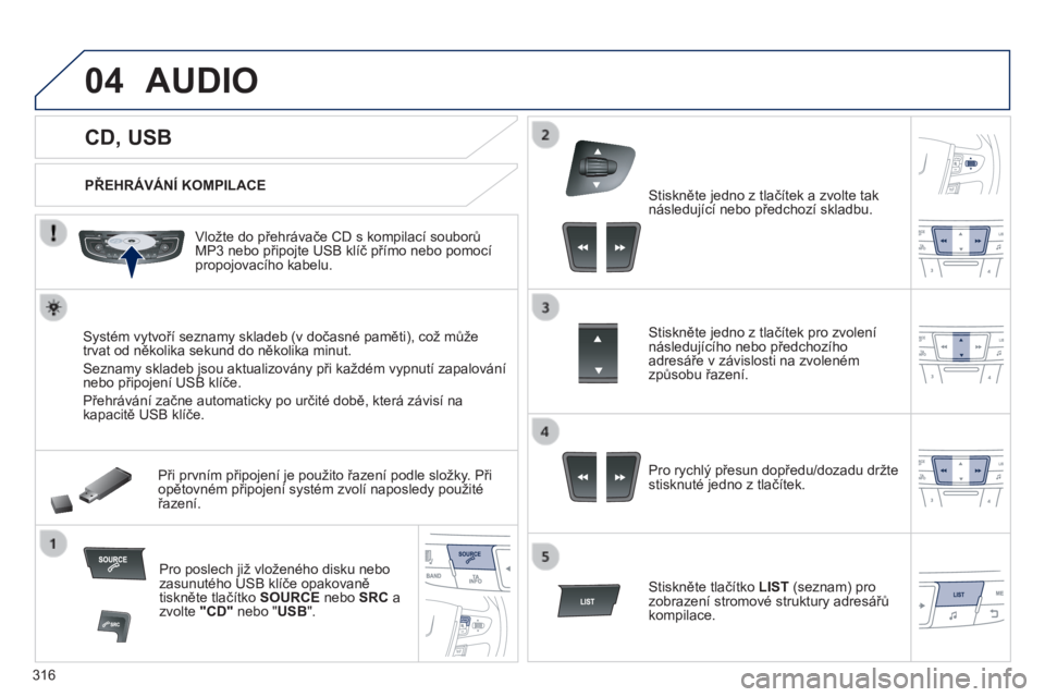 Peugeot 508 2014  Návod k obsluze (in Czech) 316
04
508_cs_Chap11d_RD5_ed01-2014
             CD, USB 
 AUDIO 
  PŘEHRÁVÁNÍ KOMPILACE  
  Vložte do přehrávače CD s kompilací souborů MP3 nebo připojte USB klíč přímo nebo pomocí pr