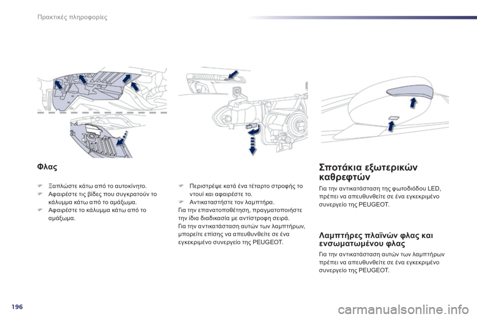 Peugeot 508 2014  Εγχειρίδιο χρήσης (in Greek) 196
Πρακτικές πληροφορίες
508 _ EL _CHAP08 _INFO PR ATIQUES _ ED01-2014
Φλας 
   Ξαπλώστε κάτω από το αυτοκίνητο.    Αφαιρέστε τις 