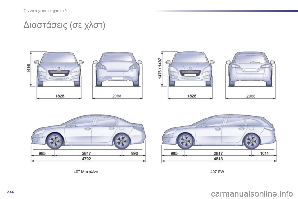 Peugeot 508 2014  Εγχειρίδιο χρήσης (in Greek) 246
Τεχνικά χαρακτηριστικά
407 Μπερλίνα    4 0 7   S W    
     Διαστάσεις (σε χλστ)  