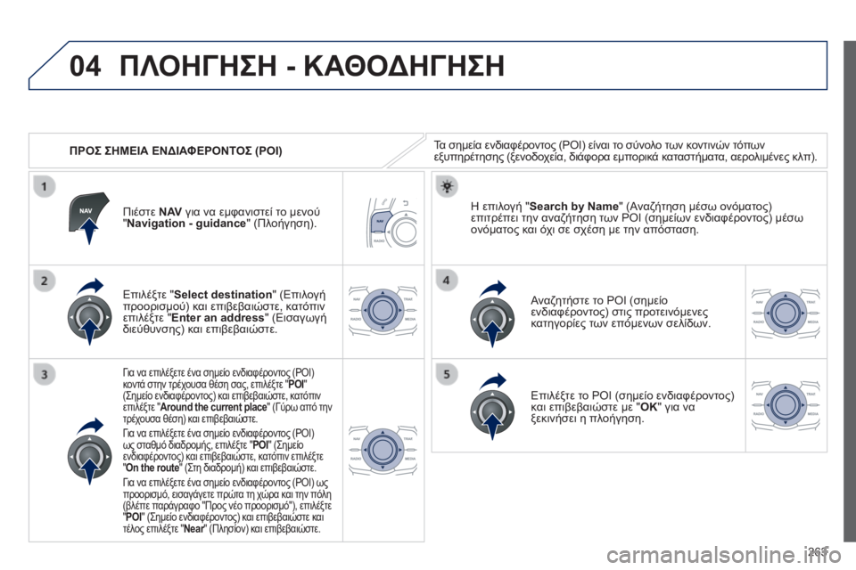 Peugeot 508 2014 Εγχειρίδιο χρήσης (in Greek) 263
04
508_EL_CHAP11C_RT6_ED01-2014
ΠΡΟΣ ΣΗΜΕΙΑ ΕΝΔΙΑΦΕΡΟΝΤΟΣ (POI)
ΠΛΟΗΓΗΣΗ - ΚΑΘΟΔΗΓΗΣΗ
Τα σημεία ενδιαφέροντος (POI) είναι Peugeot 508 2014 Εγχειρίδιο χρήσης (in Greek) 263
04
508_EL_CHAP11C_RT6_ED01-2014
ΠΡΟΣ ΣΗΜΕΙΑ ΕΝΔΙΑΦΕΡΟΝΤΟΣ (POI)
ΠΛΟΗΓΗΣΗ - ΚΑΘΟΔΗΓΗΣΗ
Τα σημεία ενδιαφέροντος (POI) είναι