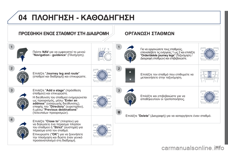 Peugeot 508 2014 Εγχειρίδιο χρήσης (in Greek) 267
04
508_EL_CHAP11C_RT6_ED01-2014
ΠΛΟΗΓΗΣΗ - ΚΑΘΟΔΗΓΗΣΗ
ΠΡΟΣΘΗΚΗ ΕΝΟΣ ΣΤΑΘΜΟΥ ΣΤΗ ΔΙΑΔΡΟΜΗ
Πιέστε N AV για να εμφανιστεί Peugeot 508 2014 Εγχειρίδιο χρήσης (in Greek) 267
04
508_EL_CHAP11C_RT6_ED01-2014
ΠΛΟΗΓΗΣΗ - ΚΑΘΟΔΗΓΗΣΗ
ΠΡΟΣΘΗΚΗ ΕΝΟΣ ΣΤΑΘΜΟΥ ΣΤΗ ΔΙΑΔΡΟΜΗ
Πιέστε N AV για να εμφανιστεί