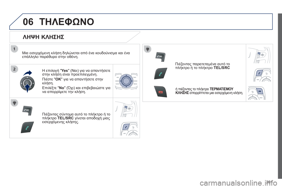 Peugeot 508 2014  Εγχειρίδιο χρήσης (in Greek) 281
06
508_EL_CHAP11C_RT6_ED01-2014
 ΤΗΛΕΦΩΝΟ 
  ΛΗΨΗ ΚΛΗΣΗΣ 
  Μια εισερχόμενη κλήση δηλώνεται από ένα κουδούνισμα και ένα επά