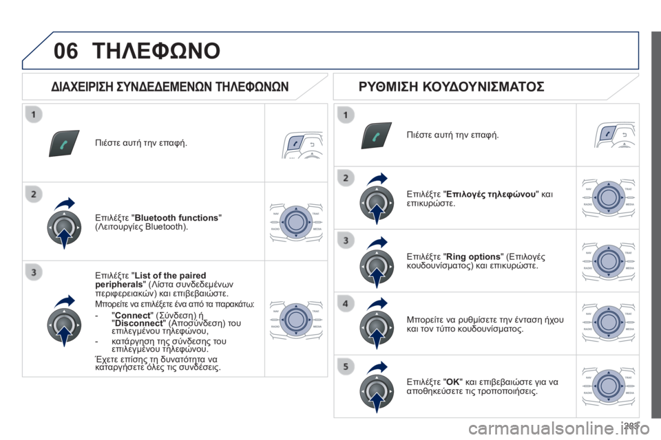 Peugeot 508 2014 Εγχειρίδιο χρήσης (in Greek) 283
06
508_EL_CHAP11C_RT6_ED01-2014
Πιέστε αυτή την επαφή.
Επιλέξτε " List of the paired peripherals " (Λίστα συνδεδεμένων περιφερεια Peugeot 508 2014 Εγχειρίδιο χρήσης (in Greek) 283
06
508_EL_CHAP11C_RT6_ED01-2014
Πιέστε αυτή την επαφή.
Επιλέξτε " List of the paired peripherals " (Λίστα συνδεδεμένων περιφερεια