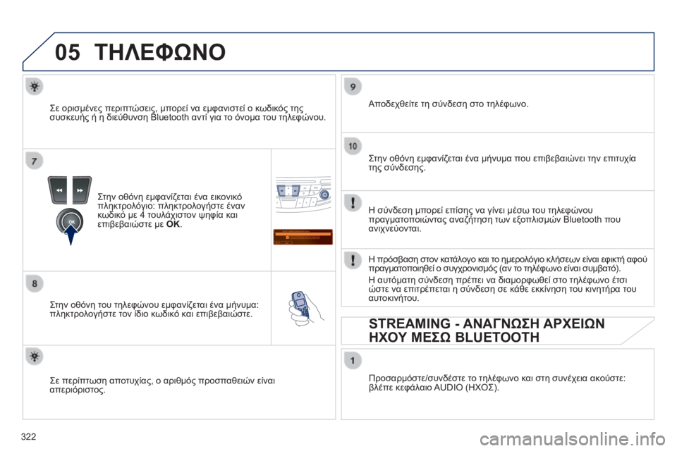 Peugeot 508 2014  Εγχειρίδιο χρήσης (in Greek) 322
05
Saisir code authentification
01
OK Del 23456789
_
508_EL_CHAP11D_RD5_ED01-2014
 ΤΗΛΕΦΩΝΟ 
  Στην οθόνη εμφανίζεται ένα εικονικό πληκτρολόγιο: 