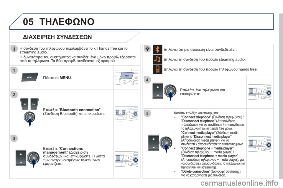 Peugeot 508 2014  Εγχειρίδιο χρήσης (in Greek) 323
05
 
 
508_EL_CHAP11D_RD5_ED01-2014
 ΤΗΛΕΦΩΝΟ 
  Η σύνδεση του τηλεφώνου περιλαμβάνει το κιτ hands free και το streaming audio. 
 Η δυνατό