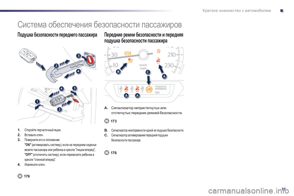 Peugeot 508 2014  Инструкция по эксплуатации (in Russian) .
17
Краткое знакомство с автомобилем
 Система обеспечения безопасности пассажиров 
1.Откройте перчаточный ящ