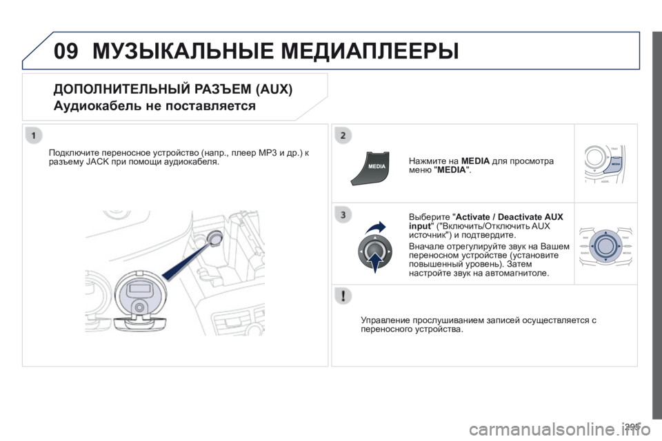 Peugeot 508 2014  Инструкция по эксплуатации (in Russian) 295
09
508_RU_CHAP11C_RT6_ED01-2014
 МУЗЫКАЛЬНЫЕ МЕДИАПЛЕЕРЫ 
  ДОПОЛНИТЕЛЬНЫЙ РАЗЪЕМ (AUX)  
Аудиокабель не поставляется 
  Подк