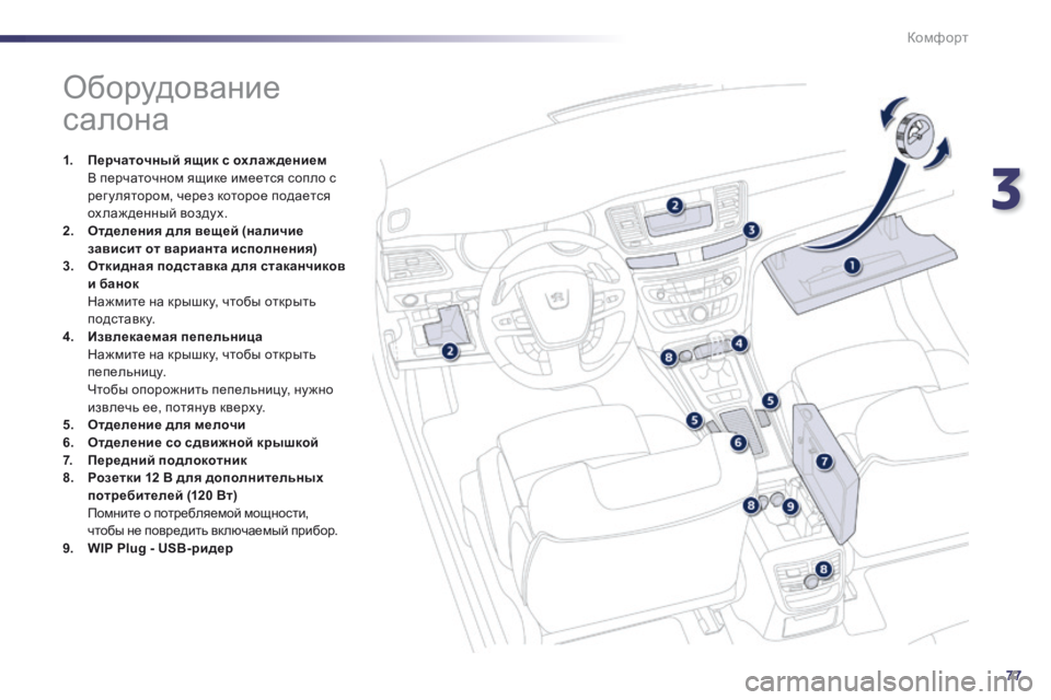 Peugeot 508 2014  Инструкция по эксплуатации (in Russian) 3
77
Комфорт
508_RU_CHAP03_CONFORT_ED01-2014
                  Оборудование 
салона 
1.    Перчаточный ящик с охлаж дением       В перчаточ