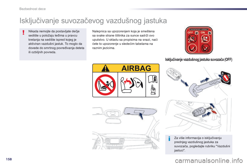 Peugeot 508 2014  Uputstvo za upotrebu (in Serbian) 158
508_sr_Chap06_securite-enfants_ed02-2014
Isključivanje suvozačevog vazdušnog jastuka
Za više informacija o isključivanju 
prednjeg vazdušnog jastuka za 
suvozača, pogledajte rubriku " V