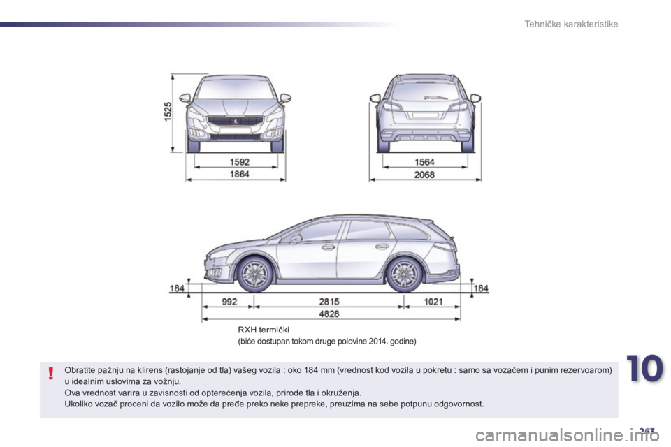 Peugeot 508 2014  Uputstvo za upotrebu (in Serbian) 263
508_sr_Chap10_caracteristiques-techniques_ed02-2014
R XH termički(biće dostupan tokom druge polovine 2014. godine)
Obratite pažnju na klirens (rastojanje od tla) vašeg vozila : oko 184 mm (vre