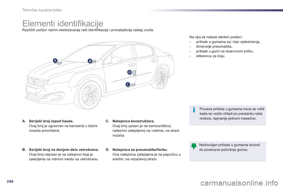 Peugeot 508 2014 Uputstvo za upotrebu (in Serbian) 264
508_sr_Chap10_caracteristiques-techniques_ed02-2014
Elementi identifikacijeRazličiti uočljivi načini obeležavanja radi identifikacije i pronalaženja vašeg vozila.
A.
S
erijski broj ispod ha Peugeot 508 2014 Uputstvo za upotrebu (in Serbian) 264
508_sr_Chap10_caracteristiques-techniques_ed02-2014
Elementi identifikacijeRazličiti uočljivi načini obeležavanja radi identifikacije i pronalaženja vašeg vozila.
A.
S
erijski broj ispod ha
