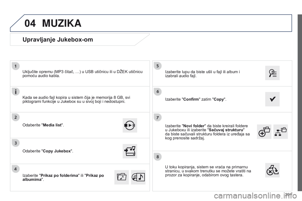 Peugeot 508 2014  Uputstvo za upotrebu (in Serbian) 291
04
508_sr_Chap11c_SMEGplus-i_ed02-2014
Izaberite "Novi folder" da biste kreirali foldere 
u Jukeboxu ili izaberite "Sačuvaj strukturu" 
da biste sačuvali strukturu foldera iz ure