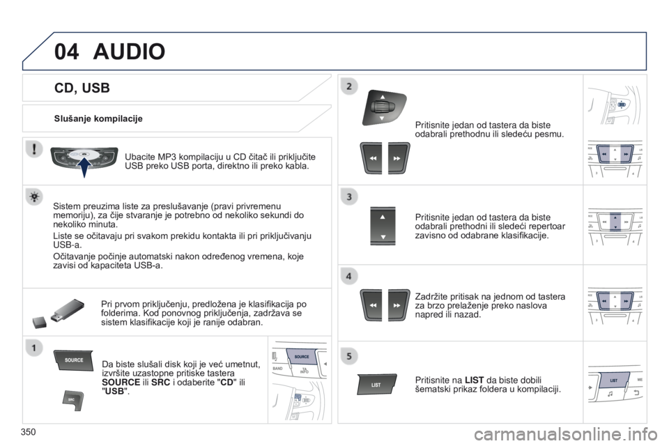 Peugeot 508 2014 Uputstvo za upotrebu (in Serbian) 350
04
CD, USB
AUDIO
Slušanje kompilacijeUbacite MP3 kompilaciju u CD čitač ili priključite
USB preko USB porta, direktno ili preko kabla.
Sistem preuzima liste za preslušavanje (pravi privremen Peugeot 508 2014 Uputstvo za upotrebu (in Serbian) 350
04
CD, USB
AUDIO
Slušanje kompilacijeUbacite MP3 kompilaciju u CD čitač ili priključite
USB preko USB porta, direktno ili preko kabla.
Sistem preuzima liste za preslušavanje (pravi privremen