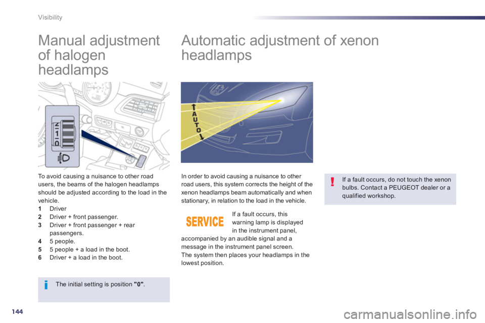 Peugeot 508 2013  Owners Manual - RHD (UK, Australia) 144
Visibility
   
 
 
 
 
 
Manual adjustment 
of halogen 
headlamps    
 
 
 
 
 
 
 
Automatic adjustment of xenon 
headlamps 
To avoid causing a nuisance to other road 
users, the beams of the hal