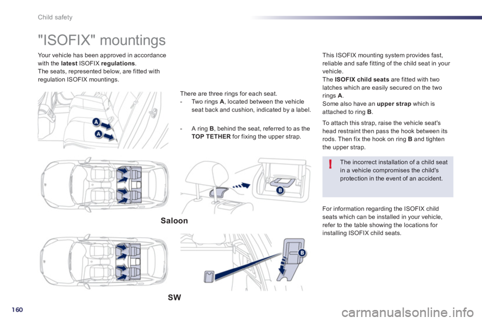 Peugeot 508 2013 Owners Manual - RHD (UK, Australia) 160
!
Child safety
Your vehicle has been approved in accordance
with the latest ISOFIX regulations .
The seats, represented below, are fitted with
regulation ISOFIX mountings.
Peugeot 508 2013 Owners Manual - RHD (UK, Australia) 160
!
Child safety
Your vehicle has been approved in accordance
with the latest ISOFIX regulations .
The seats, represented below, are fitted with
regulation ISOFIX mountings.