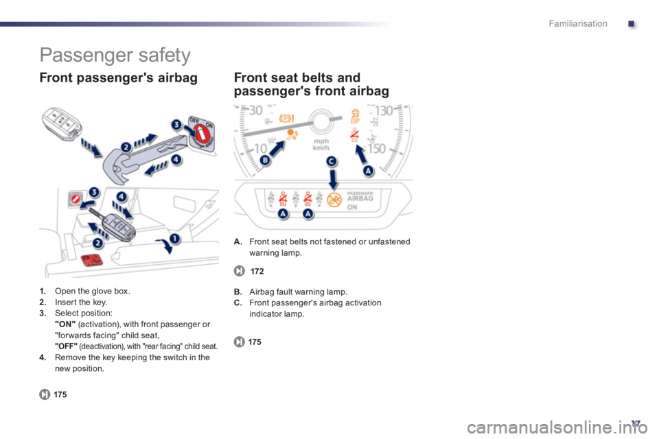 Peugeot 508 2013  Owners Manual - RHD (UK, Australia) .
17
Familiarisation
  Passenger safety 
1. 
 Open the glove box. 2.Inser t the key. 3.Select position:"ON"(activation), with front passenger or 
"for wards facing" child seat,  "OFF"(deactivation), w