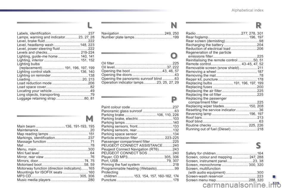 Peugeot 508 2013  Owners Manual - RHD (UK, Australia) .
329
Alphabetical index
Labels, identification.....................................237Lamps, warning and indicator.............r23, 27, 28Level, brake fluid...........................................