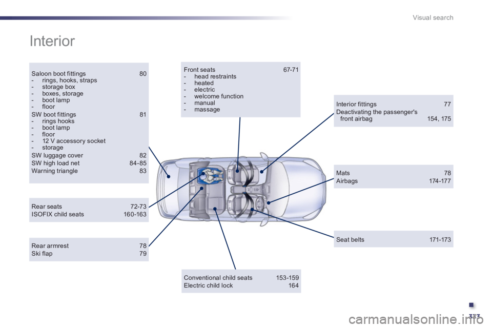 Peugeot 508 2013  Owners Manual - RHD (UK, Australia) .
333
Visual search
  Interior  
Saloon boot fittings 80-  rings, hooks, straps -  storage box -  boxes, storage-  boot lamp-  floor  SW boot fittings 81-  rings hooks-  boot lamp-  floor -   12 V acc