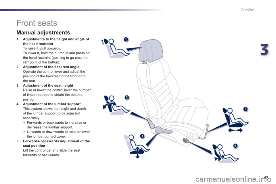 Peugeot 508 2013  Owners Manual - RHD (UK, Australia) 3
67
Comfort
   
 
 
 
 
 
 
 
 
 
 
 
 
 
 
 
 
Front seats 
 
 
Manual adjustments 
1.Adjustments to the height and angle of 
the head restraint
  To raise it, pull upwards.  
 To lower it, hold the