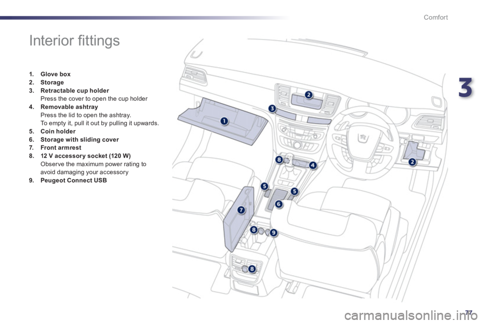 Peugeot 508 2013  Owners Manual - RHD (UK, Australia) 3
77
Comfort
   
 
 
 
 
 
 
 
 
 
 
 
 
 
 
 
 
Interior ﬁ ttings 
1.Glove box2.Storage3.Retractable cup holder  Press the cover to open the cup holder 4.Removable ashtray
  Press the lid to open t