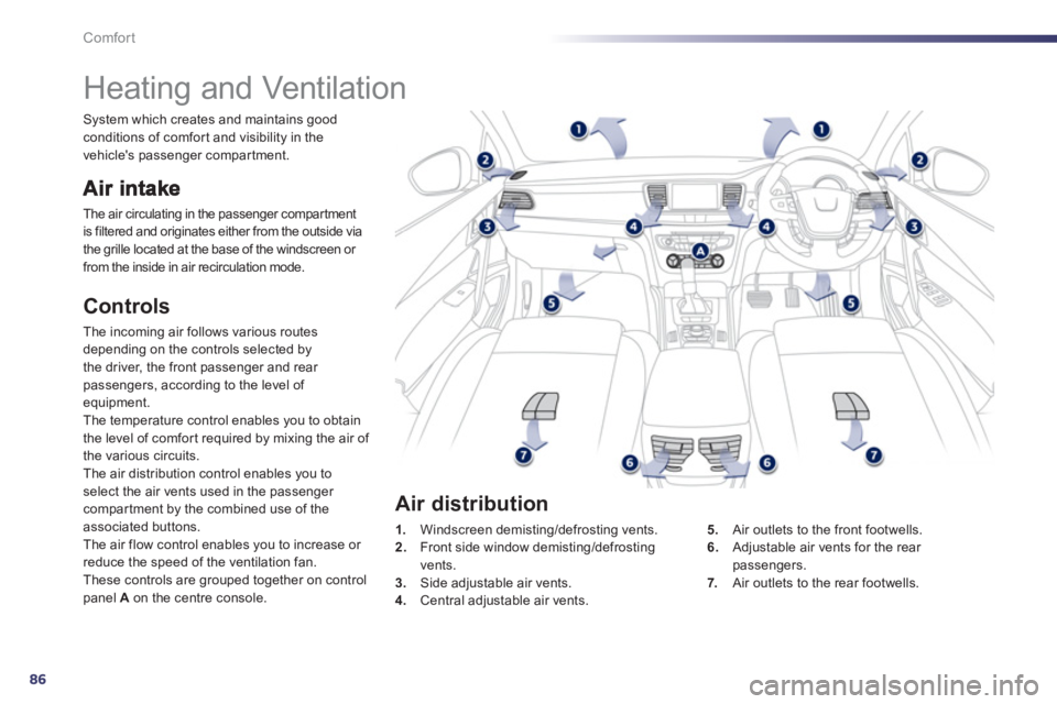 Peugeot 508 2013 Owners Manual - RHD (UK, Australia) 86
Comfort
Heating and Ventilation
The air circulating in the passenger compartment
is filtered and originates either from the outside via
the grille located at the base of the win Peugeot 508 2013 Owners Manual - RHD (UK, Australia) 86
Comfort
Heating and Ventilation
The air circulating in the passenger compartment
is filtered and originates either from the outside via
the grille located at the base of the win