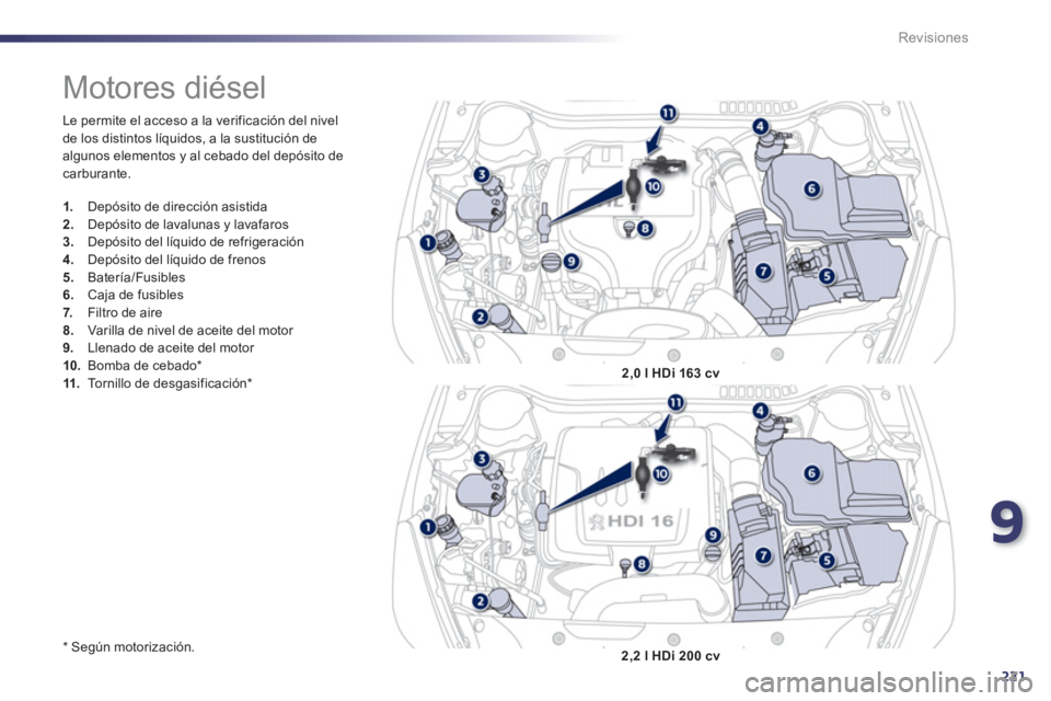 Peugeot 508 2013  Manual del propietario (in Spanish) 9
221
Revisiones
  Le permite el acceso a la verificación del nivel
de los distintos líquidos, a la sustitución de 
al
gunos elementos y al cebado del depósito decarburante. 
   
* 
 
 Según moto