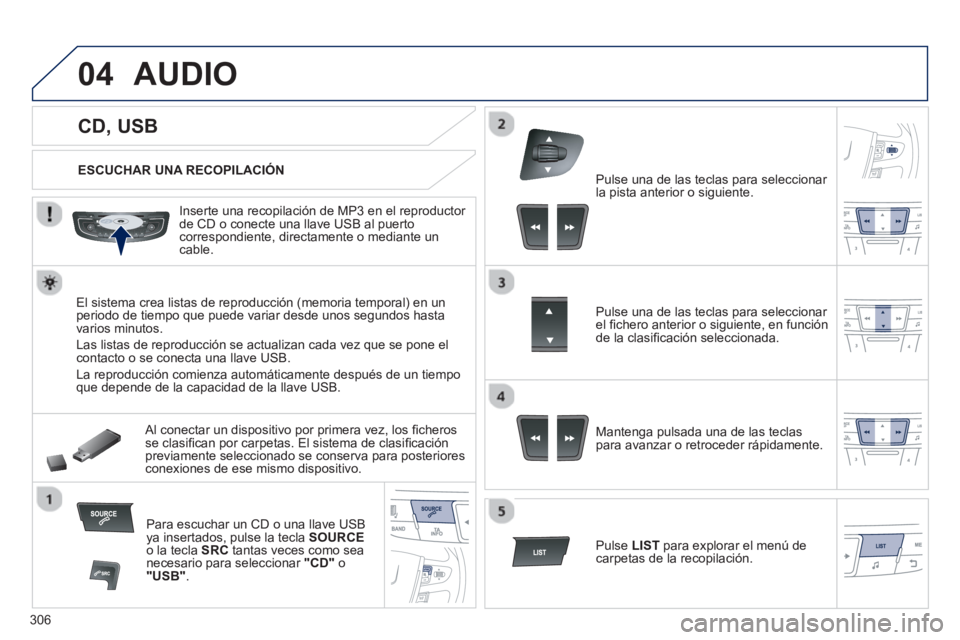Peugeot 508 2013 Manual del propietario (in Spanish) 306
04
CD, USB
AUDIO
ESCUCHAR UNA RECOPILACIÓN
Inserte una recopilación de MP3 en el reproductor
de
CD o conecte una llave USB al puertocorrespondiente, directa Peugeot 508 2013 Manual del propietario (in Spanish) 306
04
CD, USB
AUDIO
ESCUCHAR UNA RECOPILACIÓN
Inserte una recopilación de MP3 en el reproductor
de
CD o conecte una llave USB al puertocorrespondiente, directa