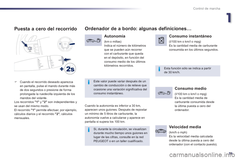 Peugeot 508 2013 Manual del propietario (in Spanish) 1
39
Control de marcha
Puesta a cero del recorrido
Si, durante la circulación, se visualizan durante mucho tiempo unos guiones enlugar de las cifras, consulte en la redPEUGEOT o en un taller cua Peugeot 508 2013 Manual del propietario (in Spanish) 1
39
Control de marcha
Puesta a cero del recorrido
Si, durante la circulación, se visualizan durante mucho tiempo unos guiones enlugar de las cifras, consulte en la redPEUGEOT o en un taller cua