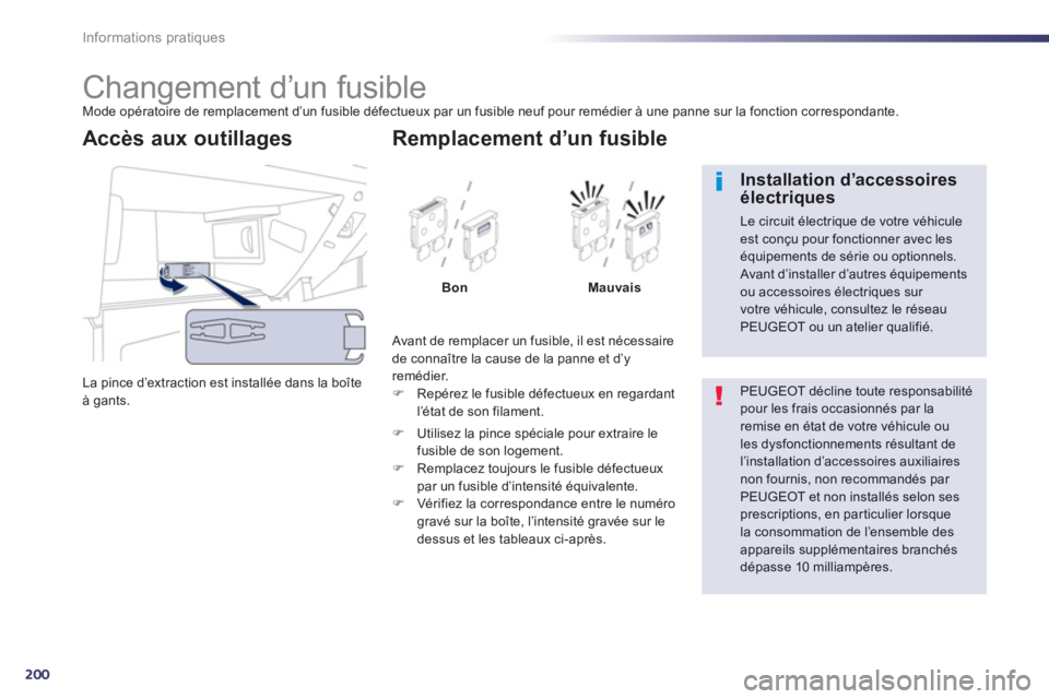 Peugeot 508 2013  Manuel du propriétaire (in French) 200
Informations pratiques
   
 
 
 
 
 
 
 
 
 
 
 
 
 
 
 
 
 
 
 
Changement d’un fusible Mode opératoire de remplacement d’un fusible défectueux par un fusible neuf pour remédier à une pan