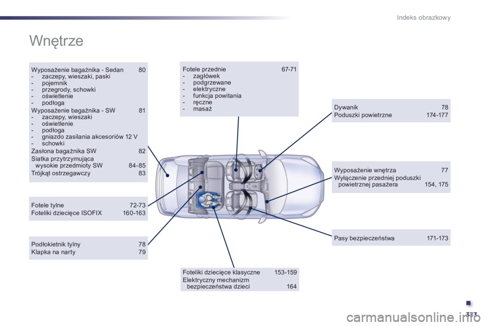 Peugeot 508 2013  Instrukcja Obsługi (in Polish) .
333
Indeks obrazkowy
  Wnętrze  
Wyposażenie bagażnika - Sedan 80-  zaczepy, wieszaki, paski -  pojemnik-  przegrody, schowki -  oświetlenie -  podłoga  Wyposażenie bagażnika - SW 81-  zaczep