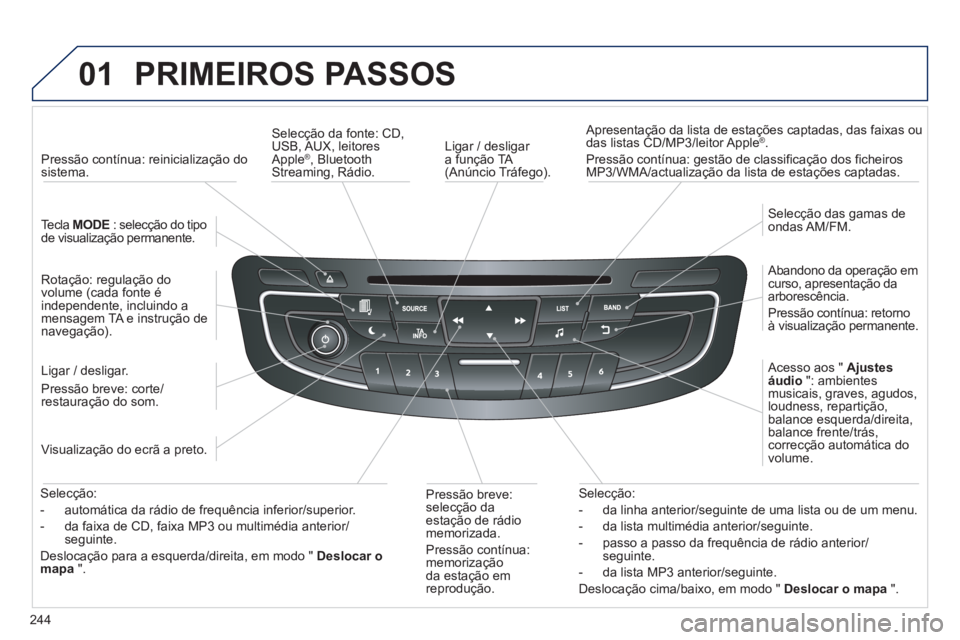 Peugeot 508 2013  Manual do proprietário (in Portuguese) 244
01  PRIMEIROS PASSOS 
 
 
Ligar / desligar 
a função TA (Anúncio Tráfego).     
Apresentação da lista de estações captadas, das 
faixas ou 
das listas CD/MP3/leitor Apple®. 
  Pressão co