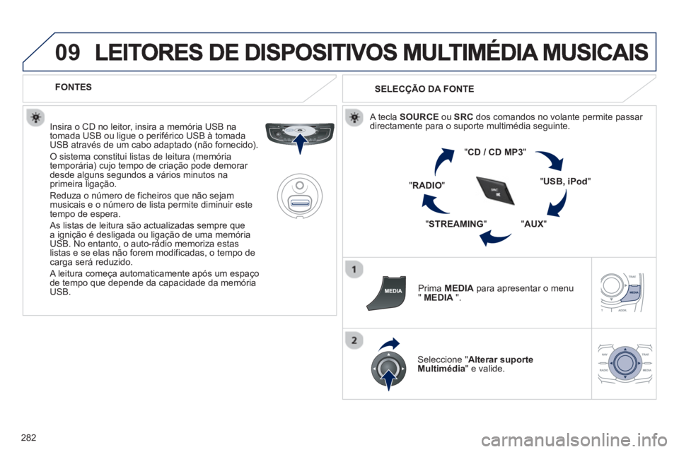 Peugeot 508 2013 Manual do proprietário (in Portuguese) 282
09
FONTES
Insira o CD no leitor
, insira a memória USB na
tomada USB ou ligue o periférico USB à tomadaUSB através de um cabo adaptado (não fornecido).
O sistema constitui lista Peugeot 508 2013 Manual do proprietário (in Portuguese) 282
09
FONTES
Insira o CD no leitor
, insira a memória USB na
tomada USB ou ligue o periférico USB à tomadaUSB através de um cabo adaptado (não fornecido).
O sistema constitui lista