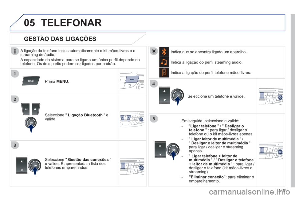 Peugeot 508 2013  Manual do proprietário (in Portuguese) 313
 
 
05TELEFONAR
   
A ligação do telefone inclui automaticamente o kit mãos-livres e o streaming de áudio. 
  A capacidade do sistema para se li
gar a um único perfil depende do
telefone. Os 