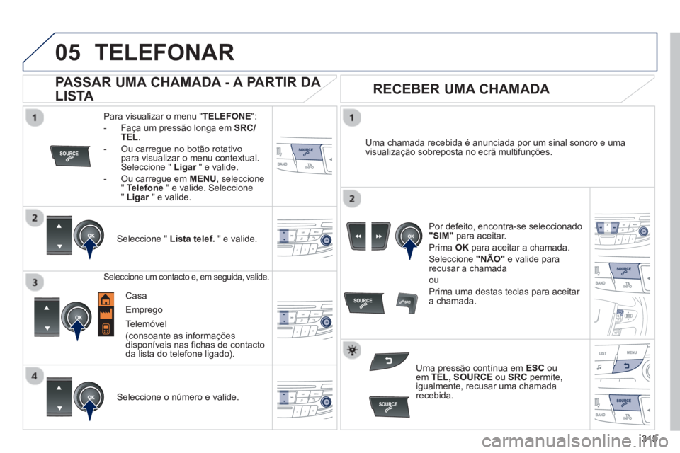 Peugeot 508 2013  Manual do proprietário (in Portuguese) 315
 
  
05TELEFONAR
Para visualizar o menu "TELEFONE":
-   Faça um pressão longa em SRC/TEL.
-  Ou carregue no botão rotativopara visualizar o menu contextual.Seleccione " Ligar" e valide. r
-  Ou